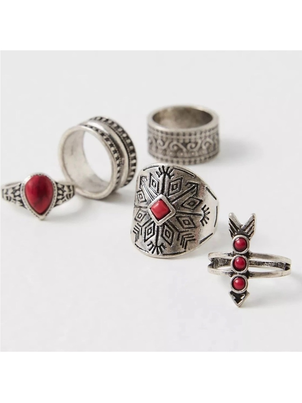 NEW, Free People Ring Set FP Silver Tone Red Stone Boho Stacking Womens Jewelry